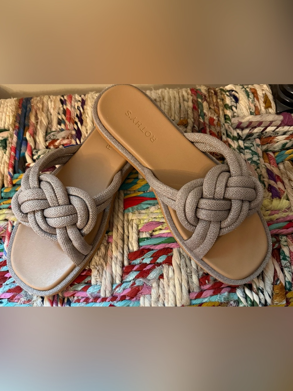 Rothy's Knotted Slide Sandals — Taupe with slight sparkle